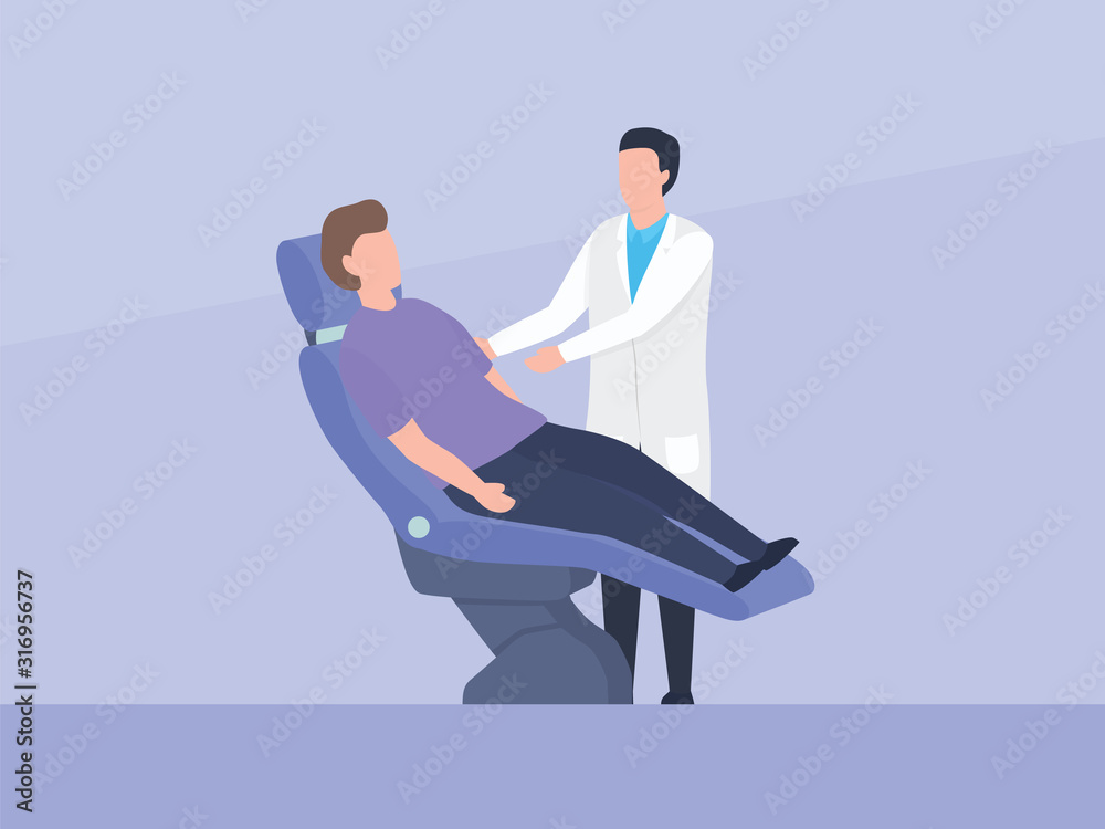 dental care with dentist and patient sit on the bed with simple flat style