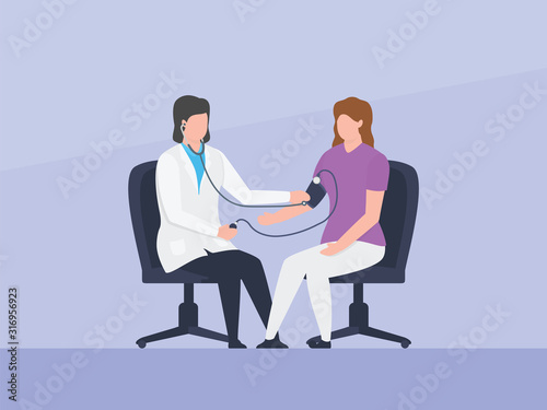 female doctor check tension blood pressure sit together for consultation with simple flat style