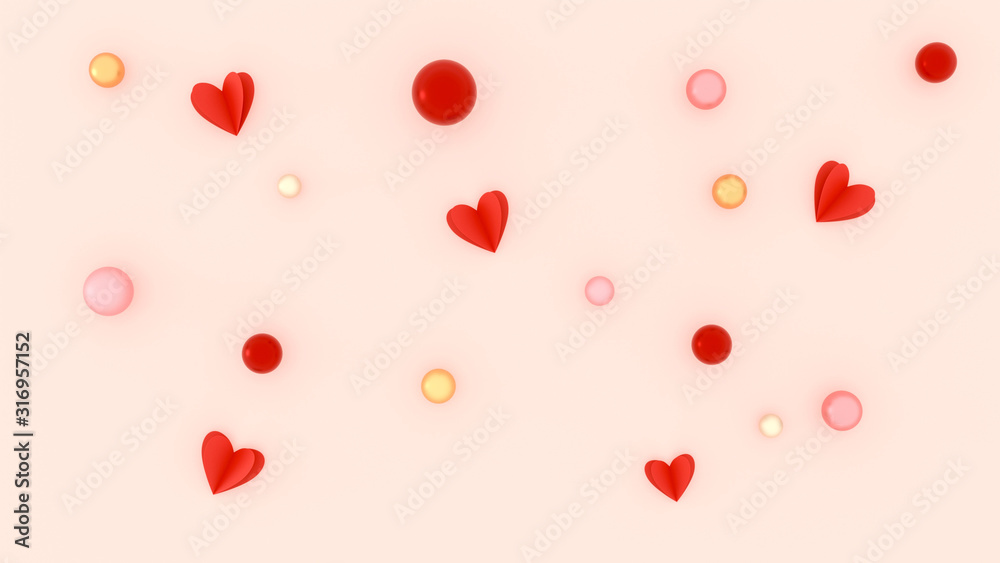 Valentines Day red hearts festive concept, pink minimalist background. Abstract feminine wallpaper top view, pink, golden balls, decorative elements for wedding, birthday, anniversary.