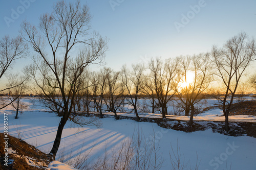 Evening winter landscape with thawed areas, ravines and trees