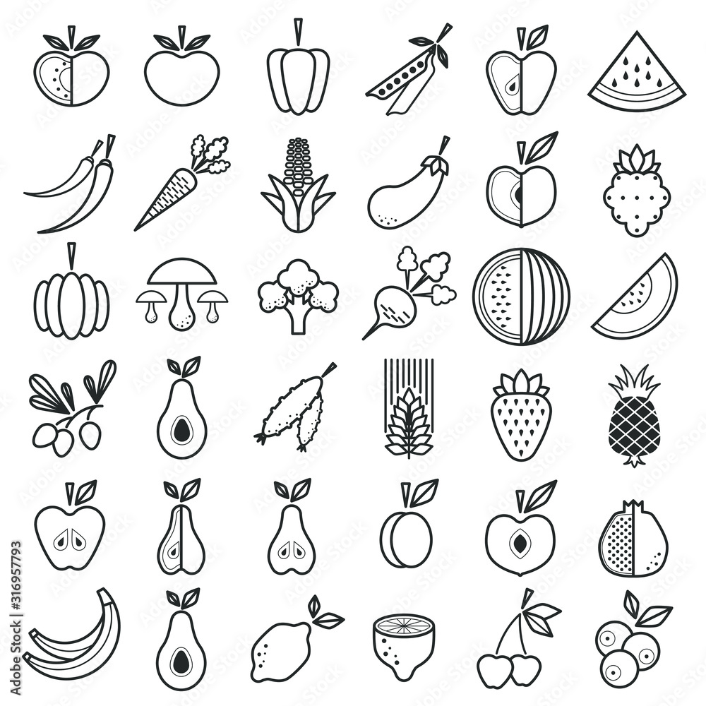 Vegetable and fruits icons set. Vector illustration