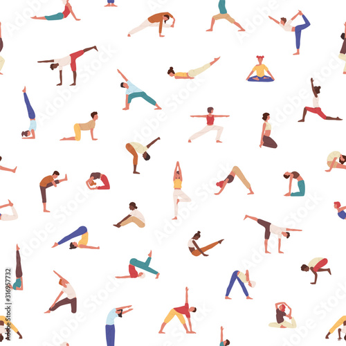 People exercising yoga vector seamless pattern