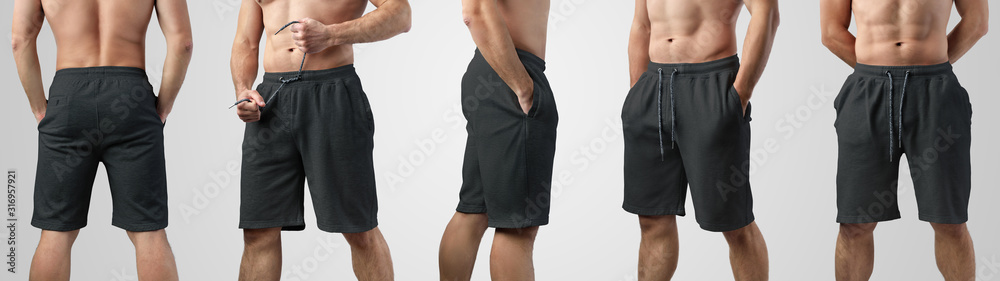 Template of blank black shorts on a guy on an isolated background, set with front, side and back views. - obrazy, fototapety, plakaty 