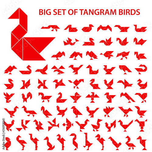 Set of vector tangram puzzles (geometric puzzle) for the development of logical thinking of children and adults. Collection of 75 monochrome shapes of birds. Vector illustration