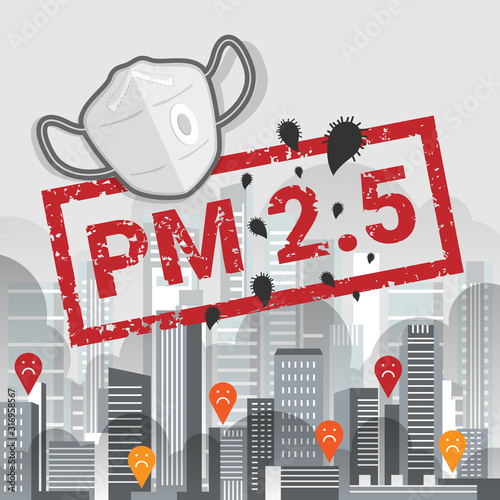 PM 2.5 stamp in cities with dust pollution and dust masks sign vector design