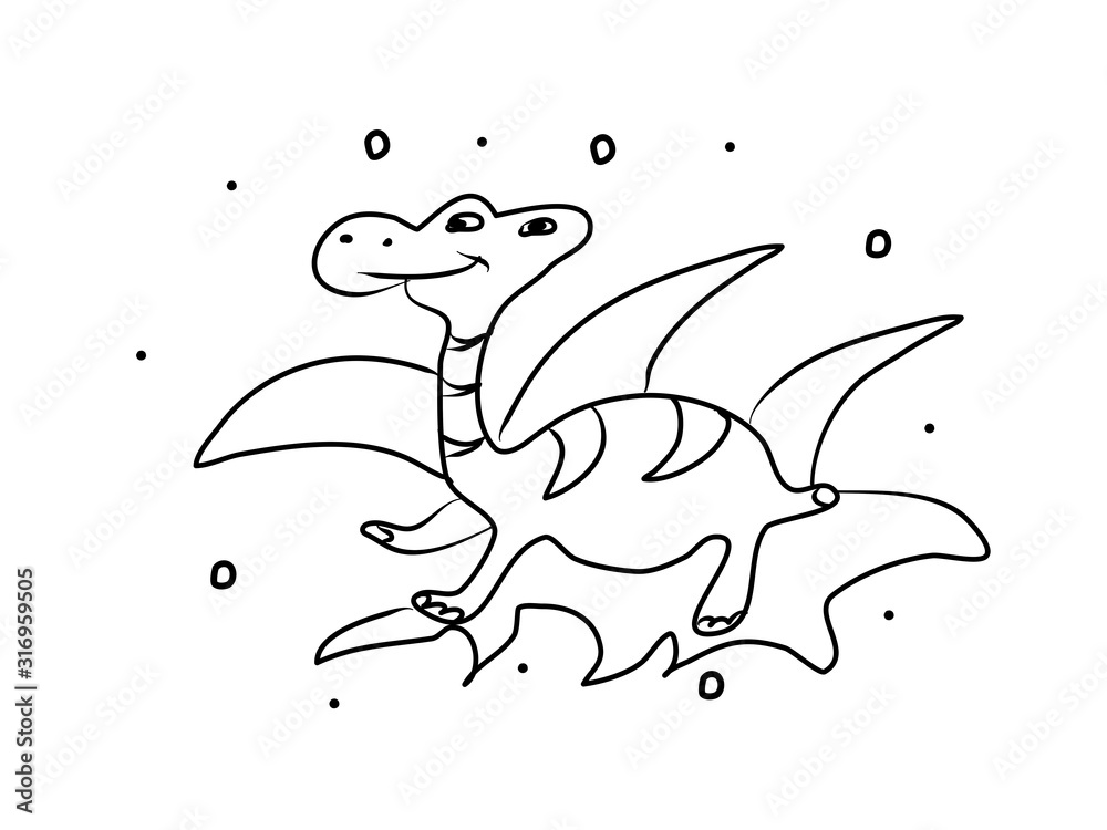 Dinosaur hand drawing coloring book. Modern doodle contour illustration black