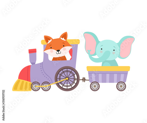 Cheerful Red Cheeked Elephant and Fox Driving Toy Wheeled Train Vector Illustration