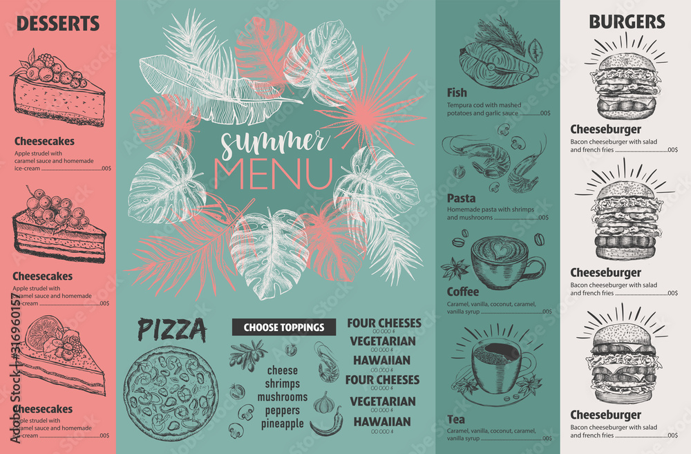 Summer menu. Restaurant food menu design, hand drawn illustrations. Vector food flyer.