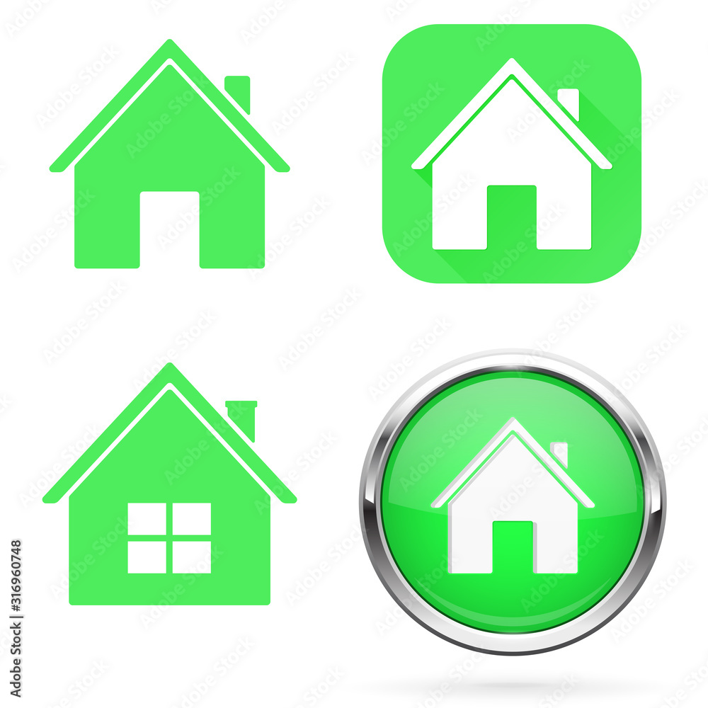 Home icons. Set of green signs and buttons Home icons. Set of green signs and buttons
