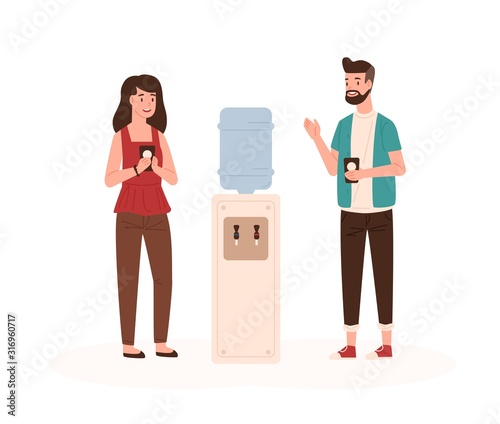 Office workers chatting near water cooler flat vector illustration. Colleagues conversation. Work break, communication. Employees talking and drinking water cartoon characters isolated on white.