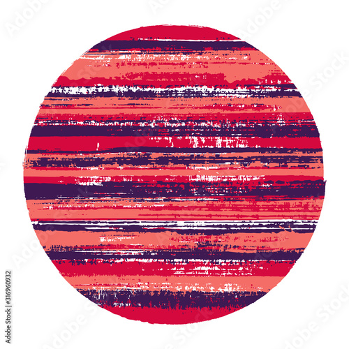 Abrupt circle vector geometric shape with striped texture of paint horizontal lines. Disk banner with old paint texture. Emblem round shape circle logo element with grunge background of stripes.