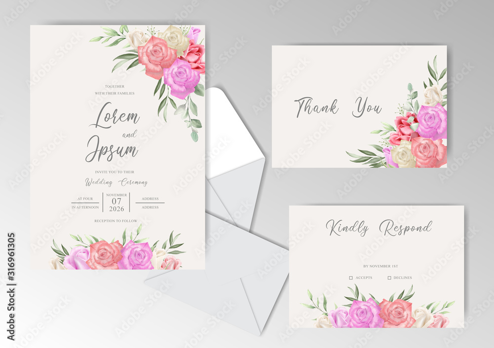Romantic Hand Drawn Wedding Invitation Cards with Watercolor Greenery and Roses