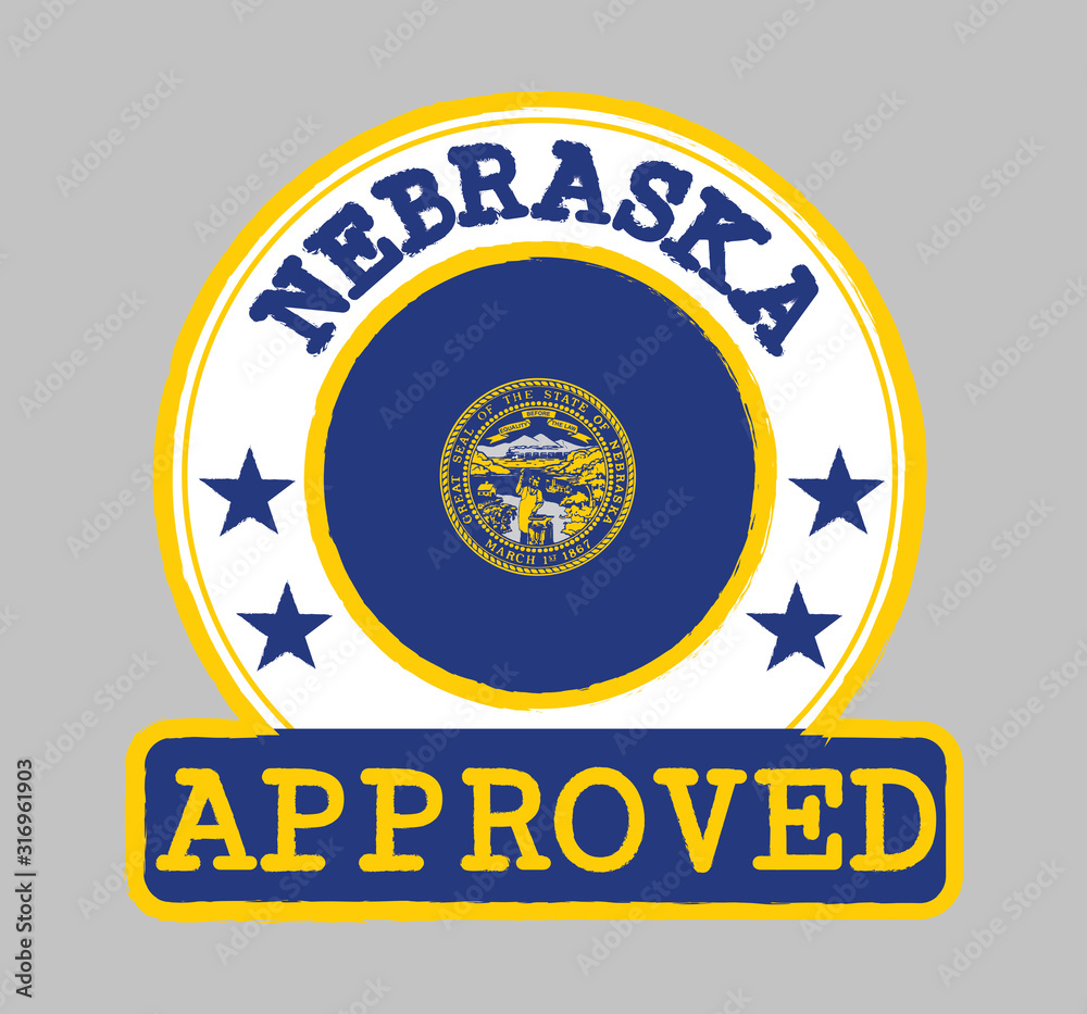 Naklejka premium Vector Stamp of Approved logo with Nebraska flag in the round shape on the center.