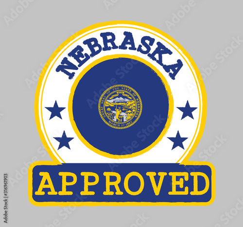 Vector Stamp of Approved logo with Nebraska flag in the round shape on the center.