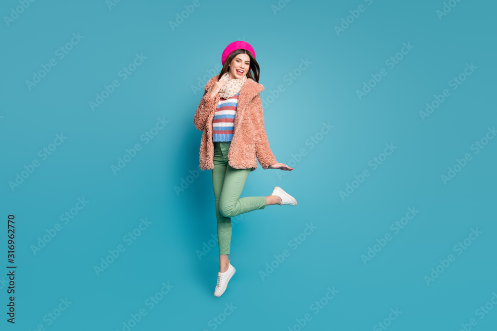 Full length body size view of nice well-dressed attractive pretty funny cheerful cheery girlish girl jumping having fun isolated on bright vivid shine vibrant green blue turquoise color background Full length body size view of nice well-dressed attractive pretty funny cheerful cheery girlish girl jumping having fun isolated on bright vivid shine vibrant green blue turquoise color background