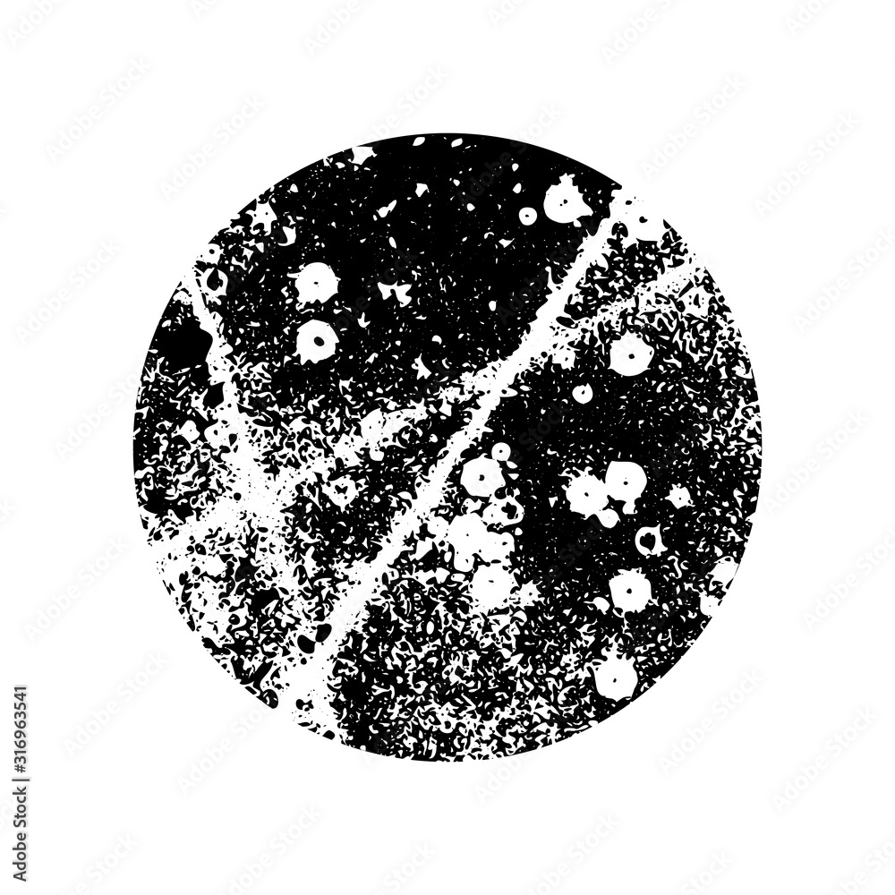 Abstract handmade artwork. Round shape, bubble, spot. Distressed texture. Ink splatter surface trace. Halftone grainy background in circle. Isolated on white. Vector stock illustration EPS 10