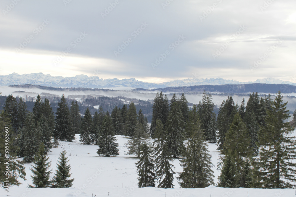 Cloudy winter postcard with a snowy panorama of The Alps