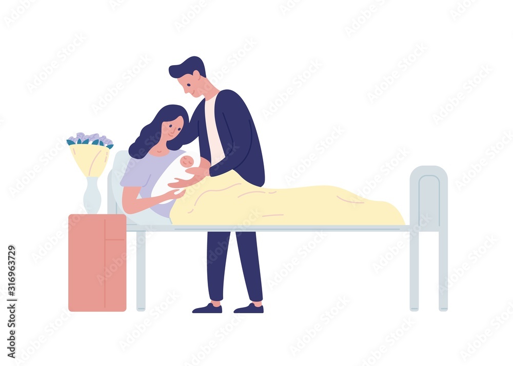 Family with newborn in maternity ward flat vector illustration. Childbirth and parenthood. Mother and father with child cartoon characters. Woman holding infant isolated on white background. Family with newborn in maternity ward flat vector illustration. Childbirth and parenthood. Mother and father with child cartoon characters. Woman holding infant isolated on white background.