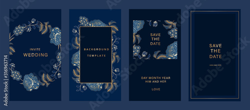 Navy Blue Luxury Wedding Invitation, floral invite thank you, rsvp modern card Design in gold flower with  leaf greenery  branches decorative Vector elegant rustic template