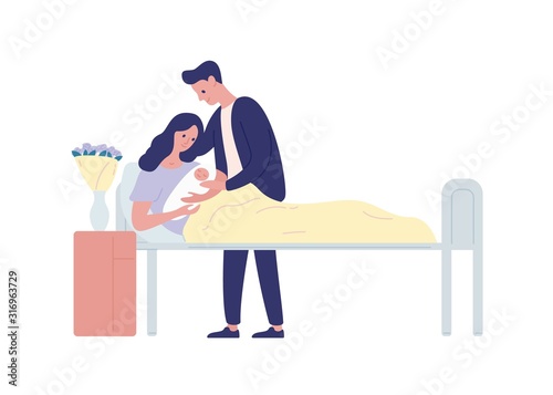 Family with newborn in maternity ward flat vector illustration. Childbirth and parenthood. Mother and father with child cartoon characters. Woman holding infant isolated on white background.