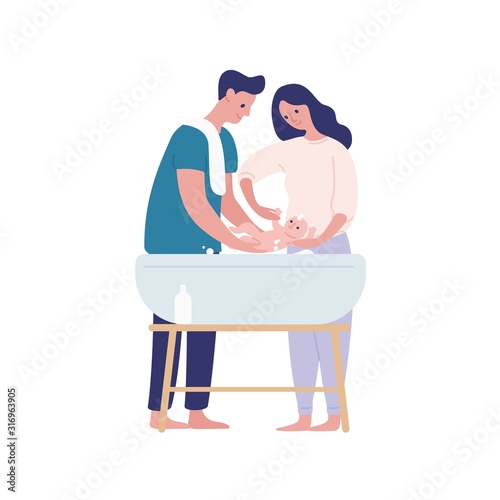 Mother and father bathing baby flat vector illustration. Parenting, family to...