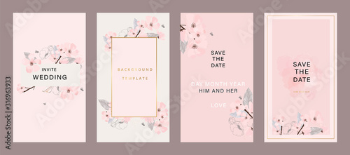 Minimal pink tropical Wedding Invitation, floral invite thank you, rsvp modern card Design in Blue Geometric shape with golden line decorative Vector elegant rustic template