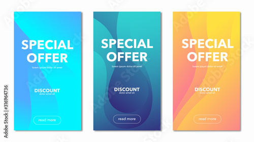 Set of Sale banners, Special Offer wavy backgrounds for web page or mobile apps. Vector minimalistic composition, eps10