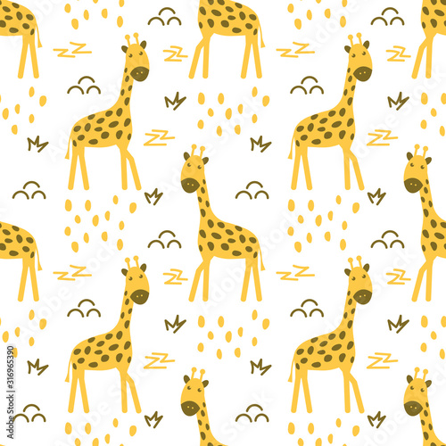 Seamless pattern with cute giraffes and doodle elements on a white background. Hand drawn vector illustration