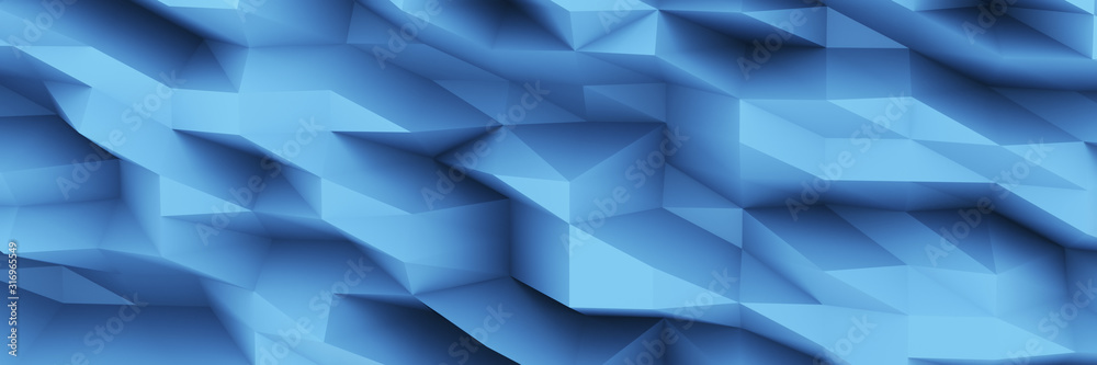 Blue Chaotic Cubes Wall Background. Panorama high resolution wallpaper. 3d Render Illustration
