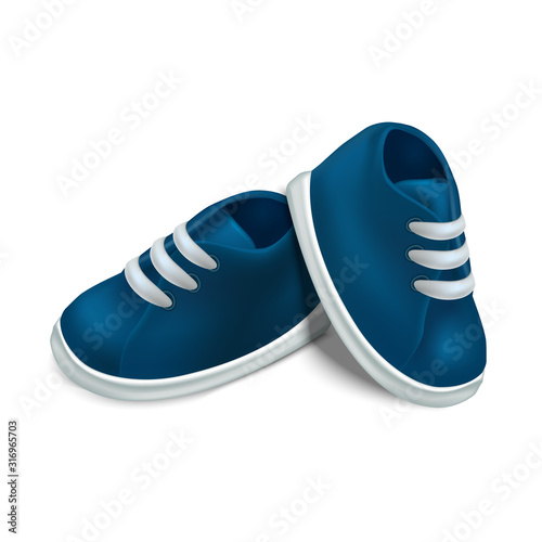Realistic Detailed 3d Blue Baby Booties. Vector