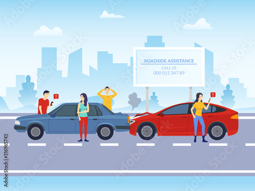 Cartoon Color Characters People and Car Crash on a Road Concept. Vector