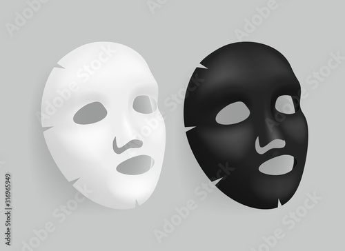 Realistic Detailed 3d White and Black Blank Facial Mask Template Mockup Set. Vector