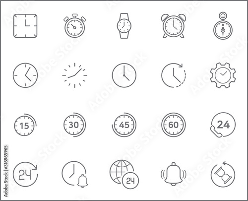 Set of time and clock Icons line style. Included the icons as stopwatch, alarm, clock, sandglass, timer and more. customize color, stroke width control , easy resize.