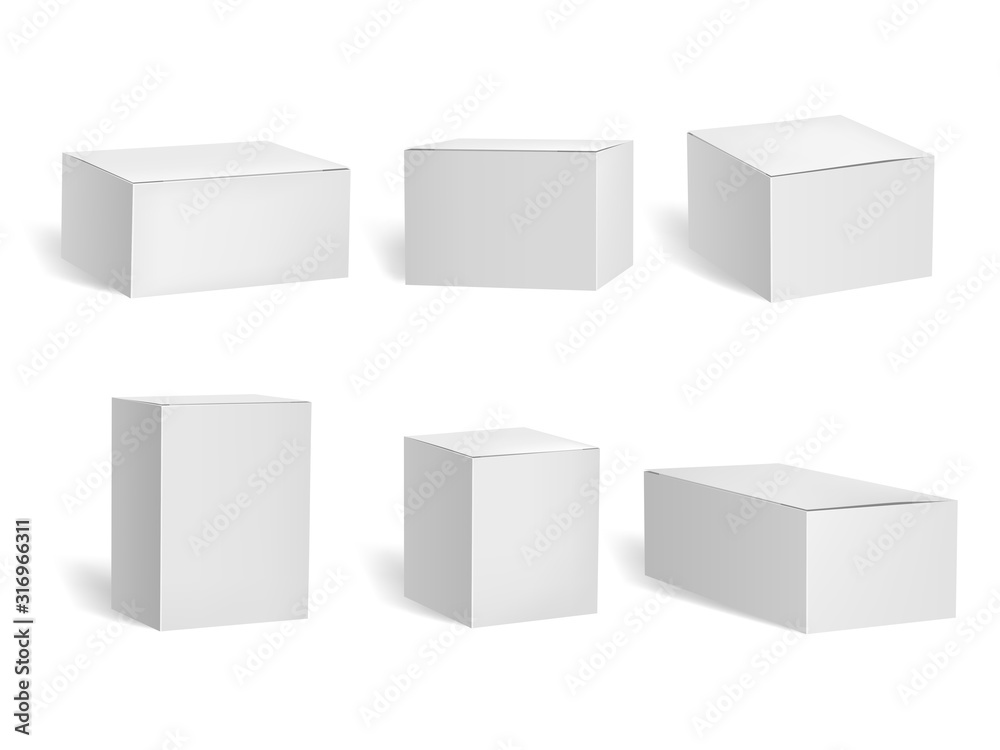 Realistic Detailed 3d White Blank Boxes Template Mockup Set. Vector Realistic Detailed 3d White Blank Boxes Template Mockup Set. Vector