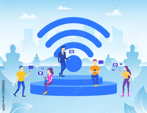 Cartoon Color Characters People and Wifi Concept. Vector