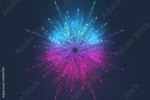 Geometric abstract background expansion of life. Colorful explosion background with connected line and dots, wave flow. Graphic background explosion, motion burst. Scientific vector illustration. photo