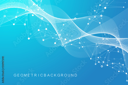 Big Genomic Data Visualization. DNA helix, DNA strand, DNA Test. CRISPR CAS9 - Genetic engineering. Molecule or atom, neurons. Abstract structure for Science or medical background, banner. Wave flow.
