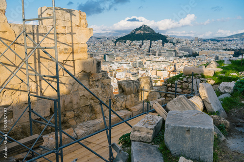 Athens, Greece - Dec 20, 2019: The view from Acropolis to Lykavittos hill and the town photo