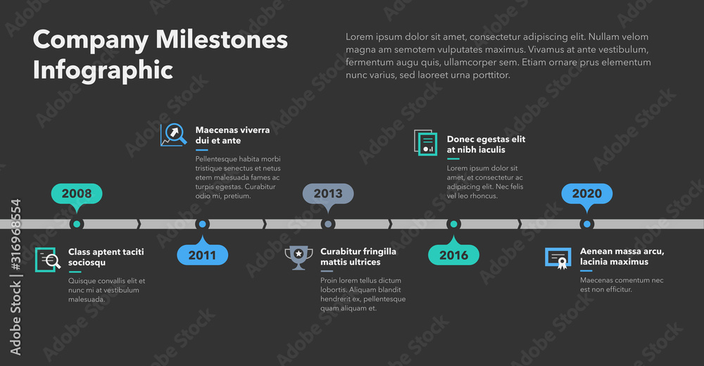 Modern business infographic for company milestones timeline template with flat icons - dark version. Easy to use for your website or presentation.