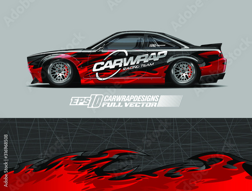 Car wrap decal graphic design. Abstract stripe racing background designs for wrap cargo van, race car, pickup truck, adventure vehicle. Eps 10