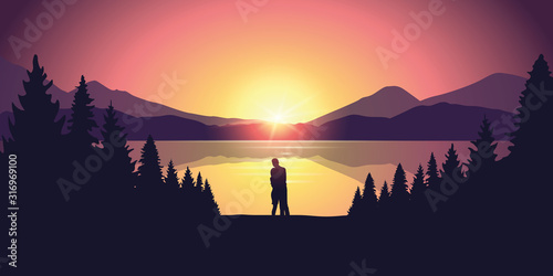 young couple by the lake in forest nature landscape at sunrise vector illustration EPS10