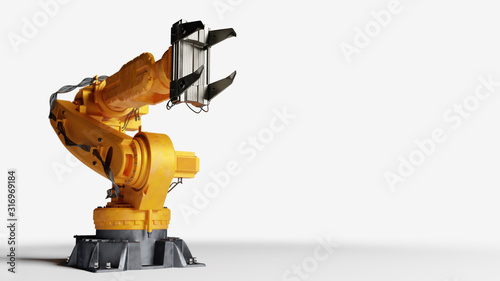 Industrial robotic arm isolated on white. Modern heavy industry,