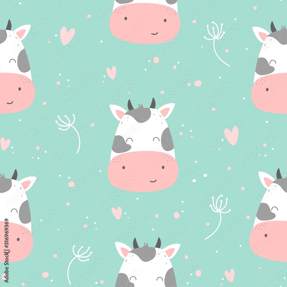 Seamless pattern with cute cartoon cow, hearts and foliage on a mint background.