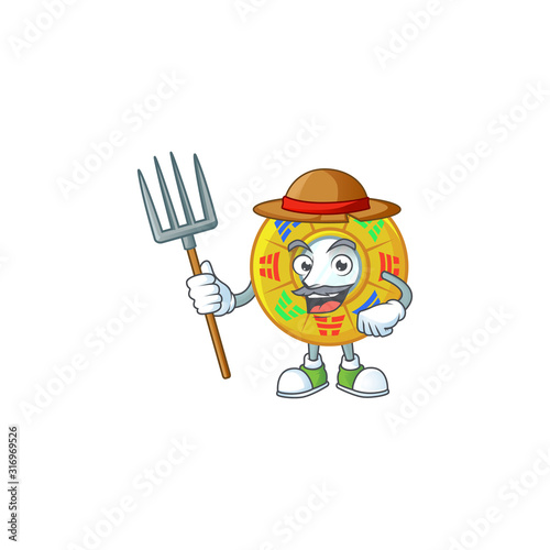 Cute Farmer chinese circle feng shui cartoon mascot with hat and tools