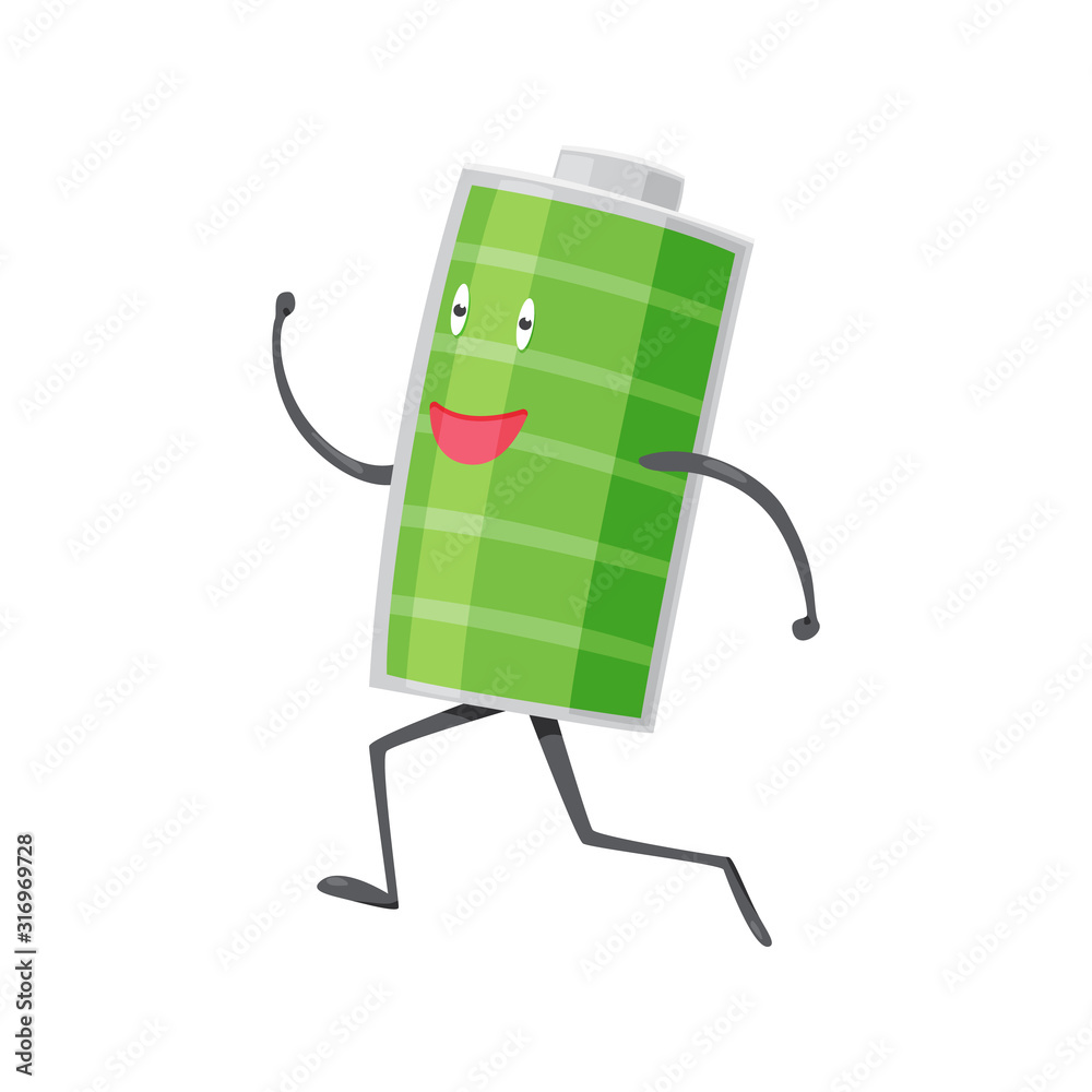 Strong battery man running. Charging indication. Full charged green battery.  Element of alternative energy. Vector cartoon icon Stock Vector | Adobe  Stock