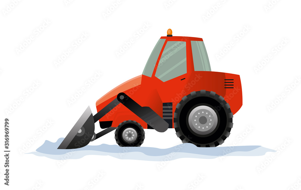 Naklejka premium Heavy Equipment cleans the road from the snow. Road works. Snowplow equipment isolated on white background. Excavator bulldozer snowblower transportation