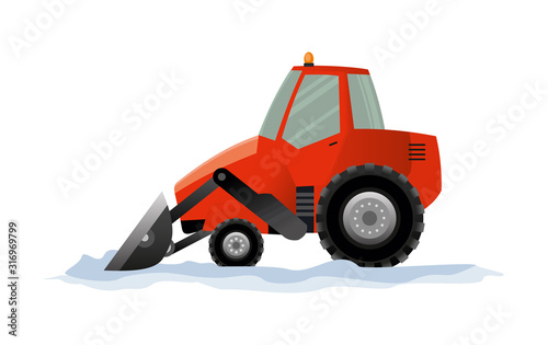 Heavy Equipment cleans the road from the snow. Road works. Snowplow equipment isolated on white background. Excavator bulldozer snowblower transportation