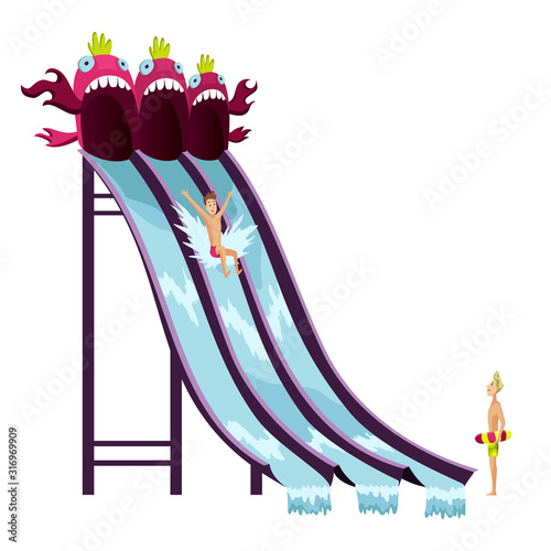 Colorful aquapark waterslide with playing children. Attraction in waterpark. Flat style isolated vector illustration. Vector design