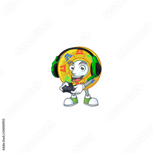 Cool chinese circle feng shui cartoon mascot with headphone and controller