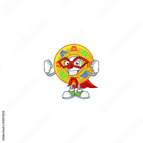 Smiley mascot of chinese circle feng shui dressed as a Super hero